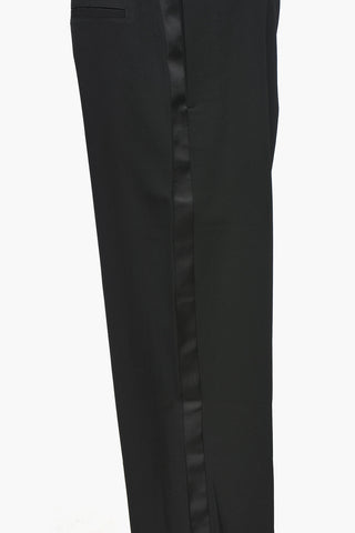 Pantaloni a Gamba Dritta in Lana con Bande Laterali in Satin
