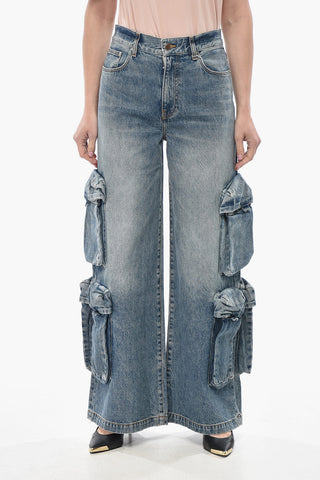 Wide-Leg Cargo Jeans in Washed Denim