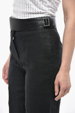Pantaloni in Lino con Dettaglio in Pelle