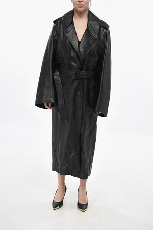 Double-Breasted Hammered Leather Trench Coat with Belt