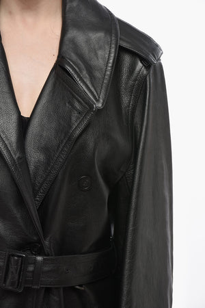 Double-Breasted Hammered Leather Trench Coat with Belt