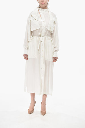 Tie Neck Shirt Dress With Drawstring Waist