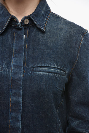 Dark Wash Denim Shirt With Welt Pockets