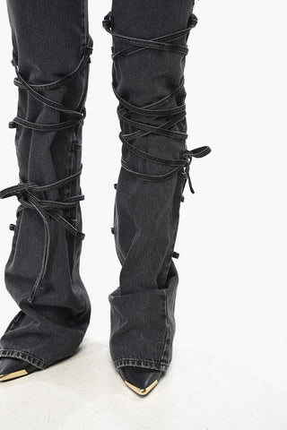 Stone-Wash Bootcut Jeans With Lace-Up Design 22cm