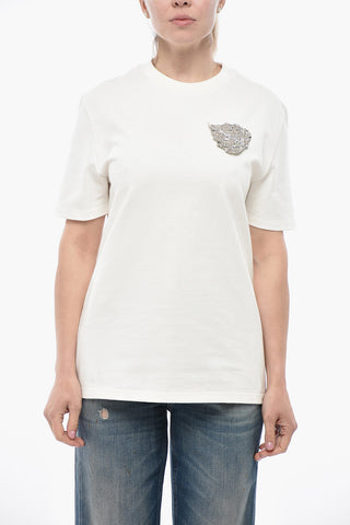 T-Shirt Girocollo in Cotone con Spilla Gioiello