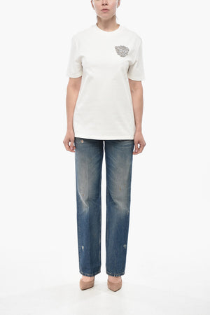Cotton Crewneck T-Shirt With Jewel Pin