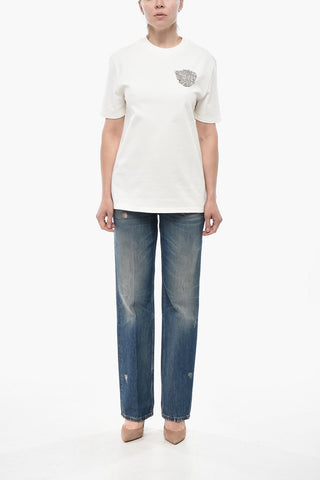 T-Shirt Girocollo in Cotone con Spilla Gioiello