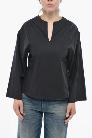 코튼 팝린 블라우스 KAMILL V넥