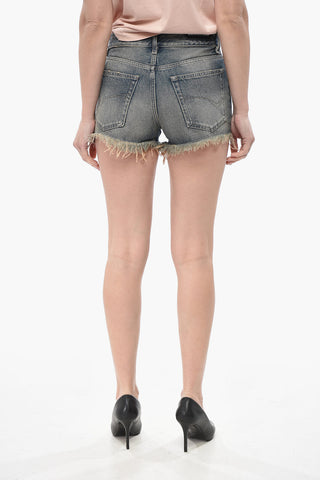 Vintage Wash Denim Shorts With Frayed Hem