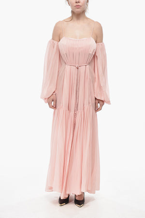 Vestito a Balze in Chiffon con Maniche a Palloncino