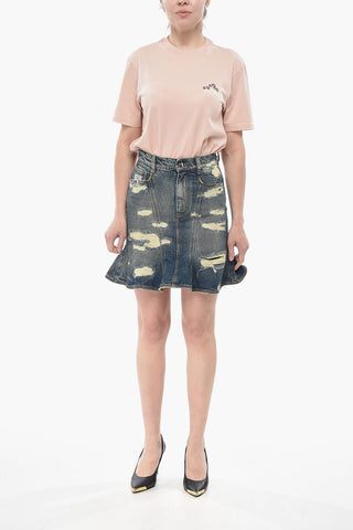 Distressed Denim Miniskirt With Flared Design