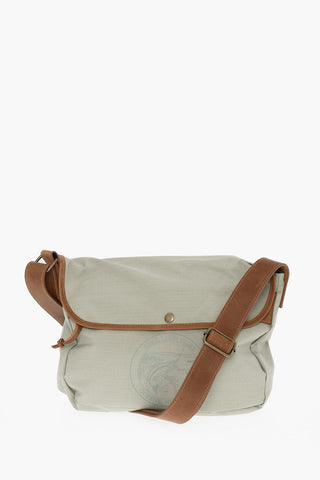 Checked Ripstop Shoulder Bag FLY FISHING with Front Print and Leather Strap