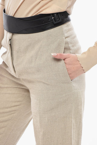 Linen Pants With Leather Detail