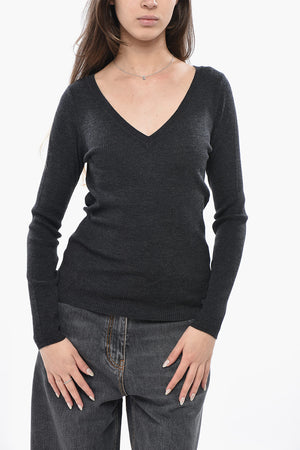Maglia in Lana a Costine con Collo a V