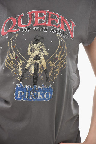Crewneck T-Shirt QUEEN With Print And Rhinestones