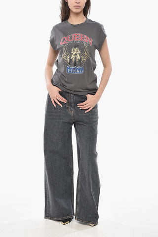 Crewneck T-Shirt QUEEN With Print And Rhinestones