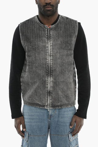 Gilet UNISEX D-SUND-S in Denim Gessato Effetto Burnout con Chiusura Zip