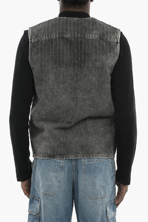 Pinstriped Burnout-Effect Denim Vest UNISEX D-SUND-S With Zip Closure