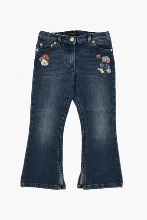 Jeans Bootcut in Denim Stretch con Spacco alla Caviglia e Ricami Floreali