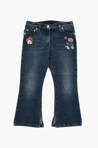 Jeans Bootcut in Denim Stretch con Spacco alla Caviglia e Ricami Floreali