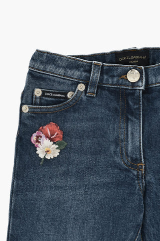 Jeans Bootcut in Denim Stretch con Spacco alla Caviglia e Ricami Floreali