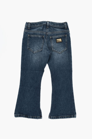 Jeans Bootcut in Denim Stretch con Spacco alla Caviglia e Ricami Floreali
