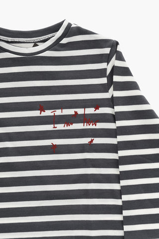 Langarm-Rundhals-T-Shirt mit zweifarbigen Streifen