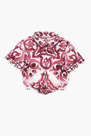 Camicia a Fantasia a Maniche Corte con Fiocco Frontale