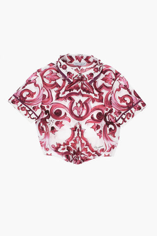 Camicia a Fantasia a Maniche Corte con Fiocco Frontale