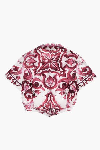 Short-Sleeved Patterned Blouse with Front Bow