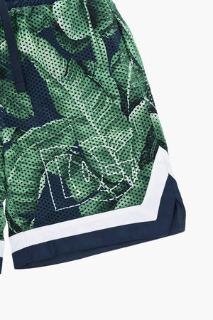 Shorts BANANO aus perforiertem Stoff mit botanischem Muster