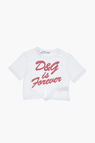 T-Shirt Girocollo con Logo Impreziosito da Strass e Fiocco Frontale
