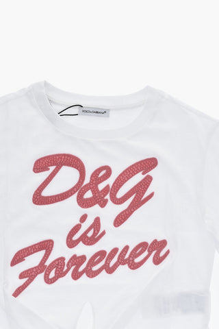 T-Shirt Girocollo con Logo Impreziosito da Strass e Fiocco Frontale