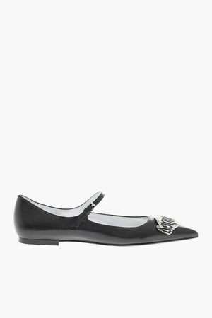 Pointed-Toe Leather Ballet Flats with Metal Detail