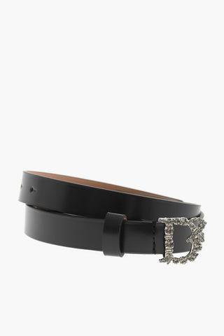 Leather Belt with Crystal-Embellished Buckle 20mm