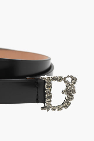 Leather Belt with Crystal-Embellished Buckle 20mm