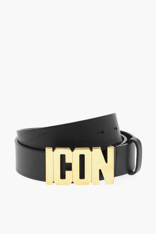 ICON Leather Belt With Gold Lettering Buckle 35mm