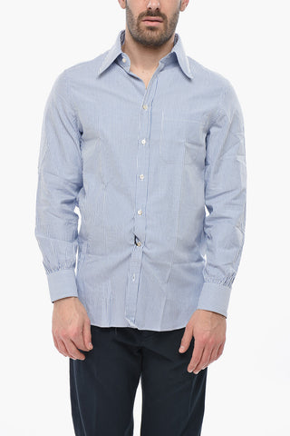 Camicia in Popeline di Cotone a Righe Awning con Collo Italiano
