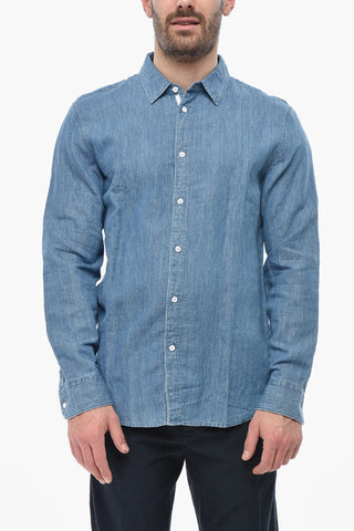Camicia in Cotone e Lino a Tinta Unita con Bottoni a Contrasto