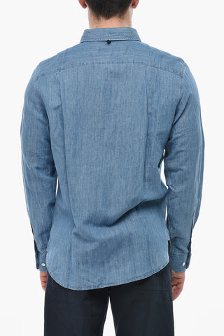 Camicia in Cotone e Lino a Tinta Unita con Bottoni a Contrasto