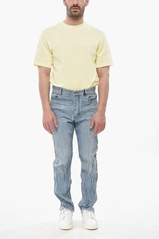 Jeans Effetto Stropicciato con Dettaglio in Pelle Intrecciata 22cm