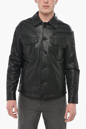 Utility Leather Jacket with Quilted Sleeves
