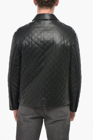 Utility Leather Jacket with Quilted Sleeves