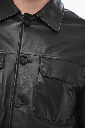 Utility Leather Jacket with Quilted Sleeves