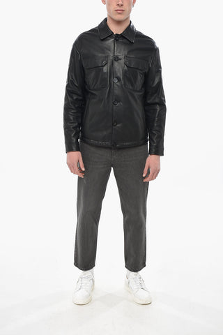 Utility Leather Jacket with Quilted Sleeves