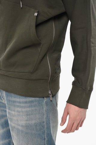 Felpa Hoodie in Cotone Garzato con Zip sulla Manica