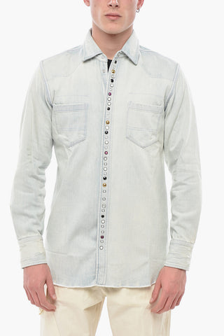 Vintage-Effect Denim Shirt with Jewel Buttons