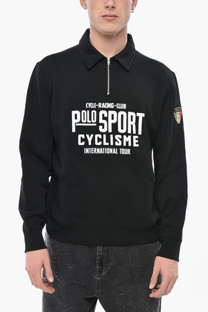 SPORT Sweatshirt Mit Halbem Reißverschluss Aus Baumwollfleece Mit Velours-Logo