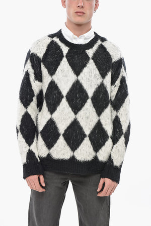 Fuzzy Crewneck Sweater with Argyle Pattern