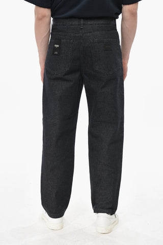 Jeans a Lavaggio Scuro con Bottone Logato 20cm